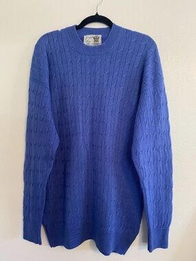 Turnbull & Asser Men Merino Wool Sweater Blue Sz L Made in Scotland Cable Knit